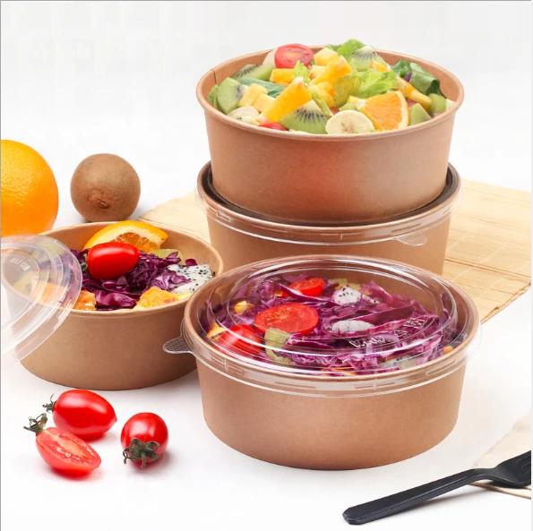 Hokom 1000ml Disposable Round Salad Bowl Kraft Paper Container For Food